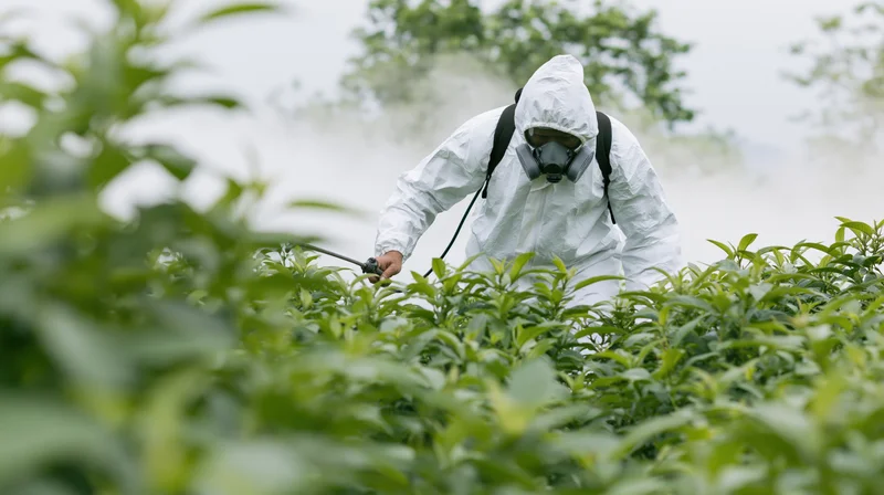 Farmer in white hazmat suit spraying pesticide on crops in a green field