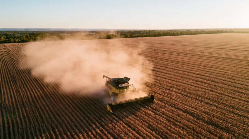Combine harvester harvesting soybeans in a vast field at golden hour