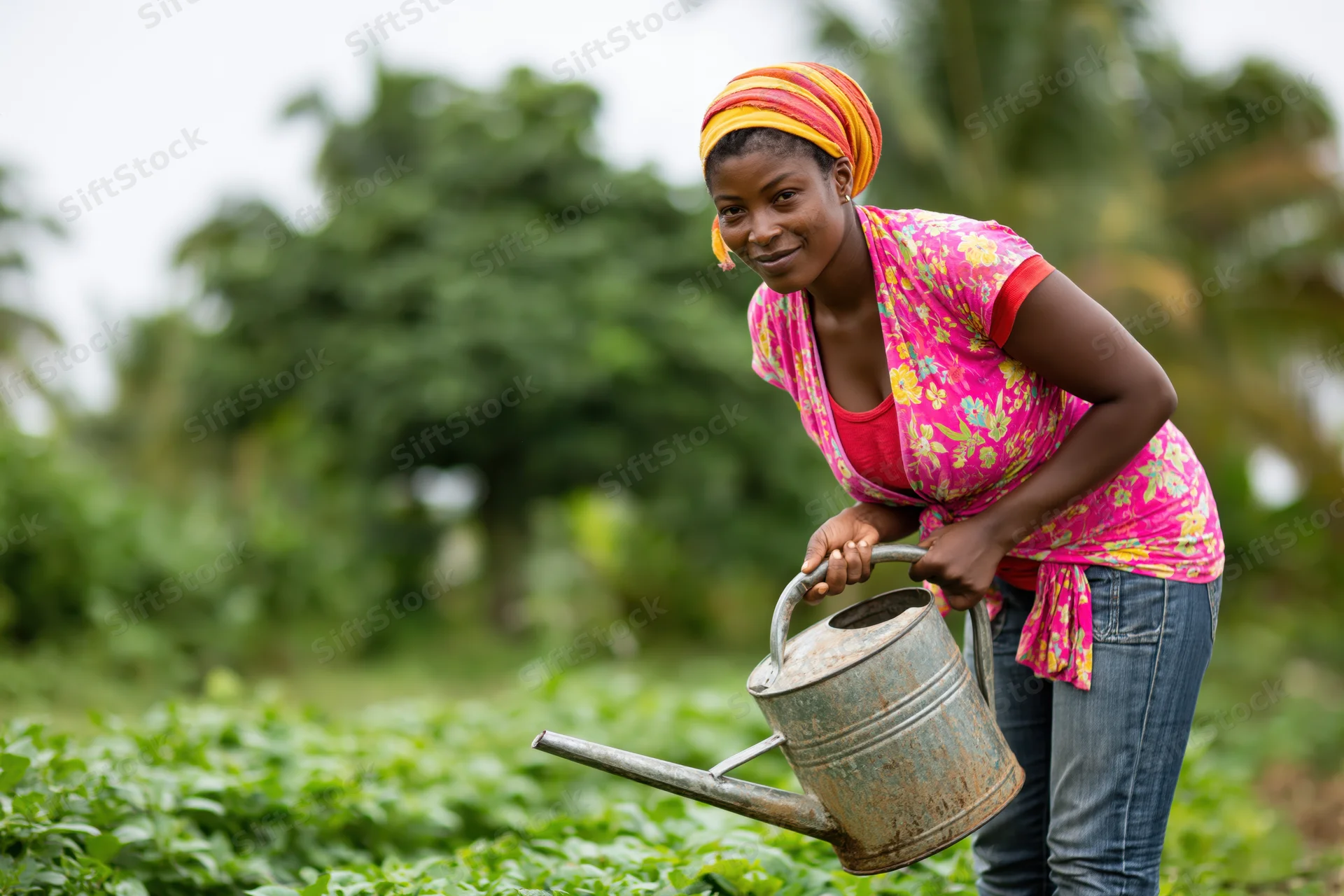 Woman watering vegetable garden in rural outdoor setting