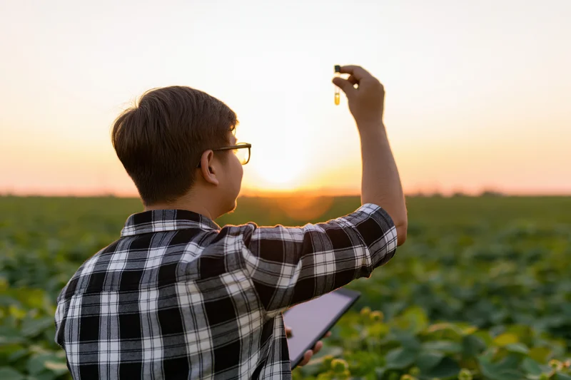 Young male researcher holding test tube and tablet in a field at sunset