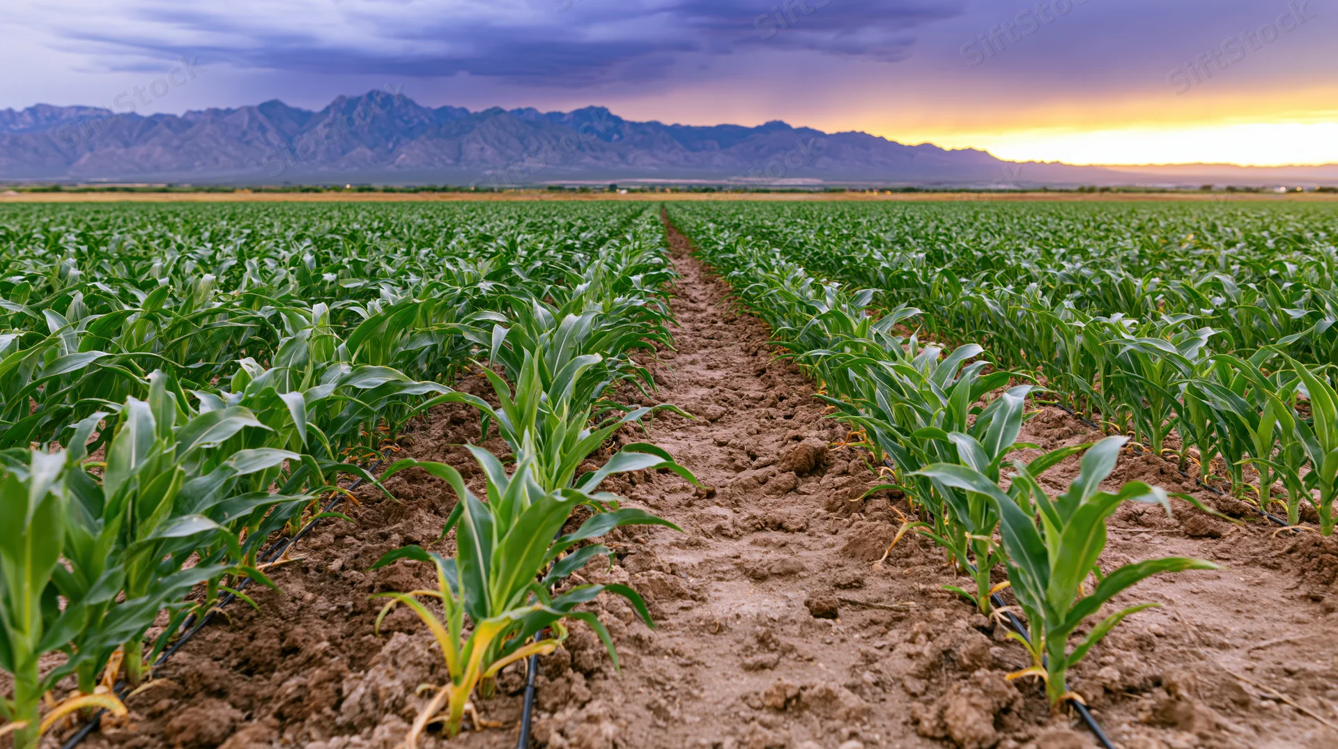 Young corn plants growing in neat rows across a flat field with mountains at sunset