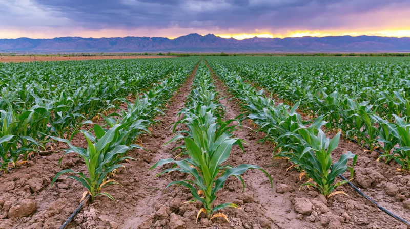 Young corn plants growing in neat rows across a flat field with mountains and sunset in the distance