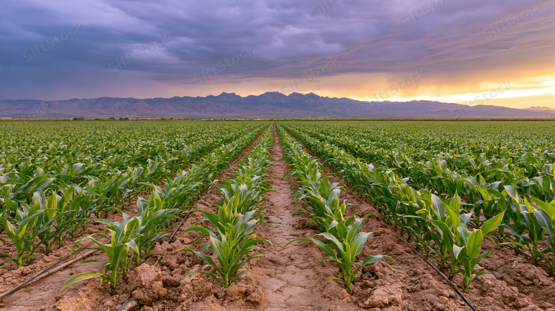 Rows of young corn plants growing in a field with mountains under a cloudy sunset sky