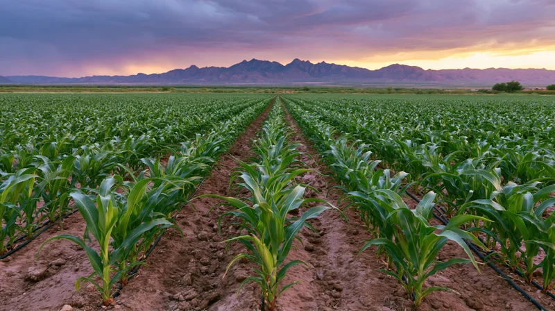 Young corn plants growing in straight rows across a flat field with mountains and sunset in the distance