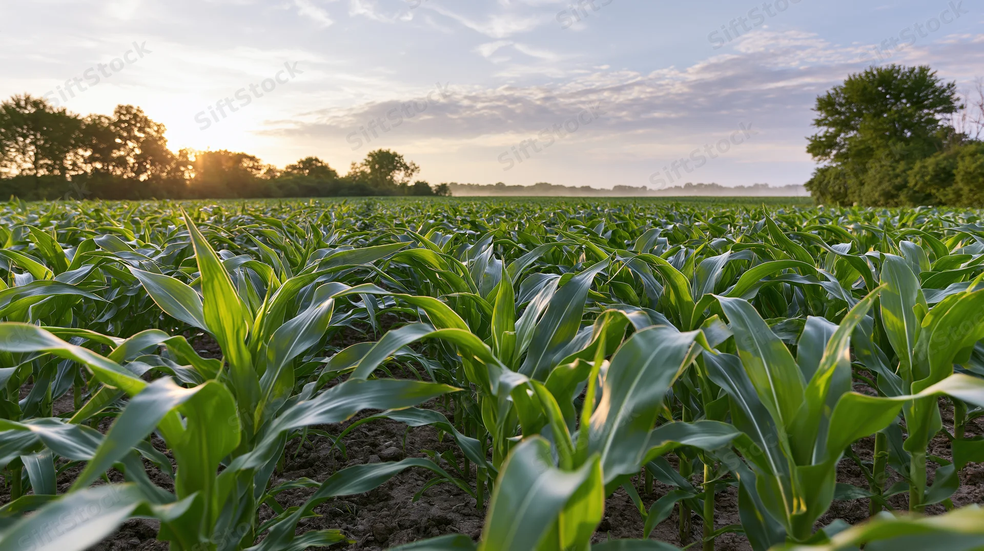 Young corn plants growing in rows across a field at sunrise
