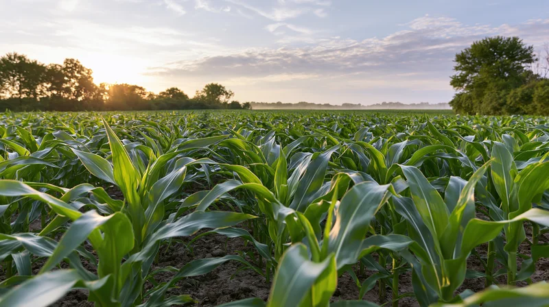 Young corn plants growing in rows across a field at sunrise