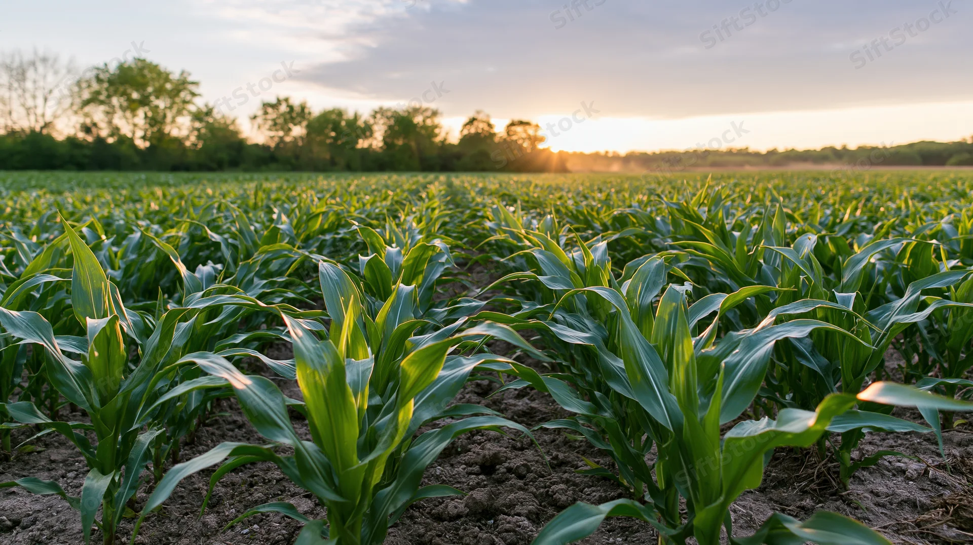 Young corn plants growing in rows across a field at sunrise