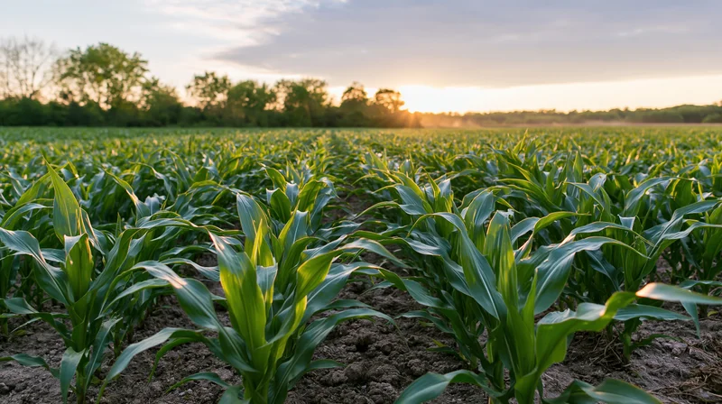 Young corn plants growing in rows across a field at sunrise