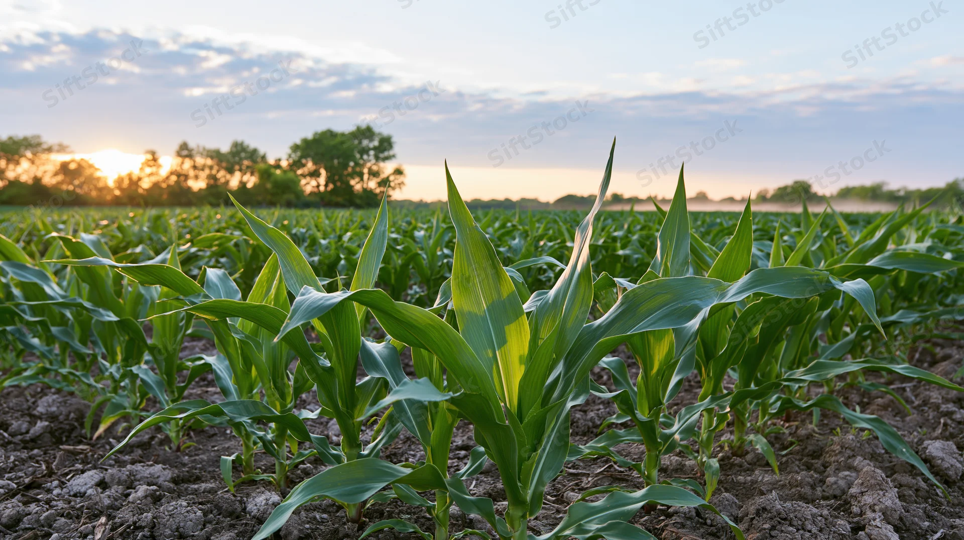 Young corn plants growing in rows across a farm field at sunset
