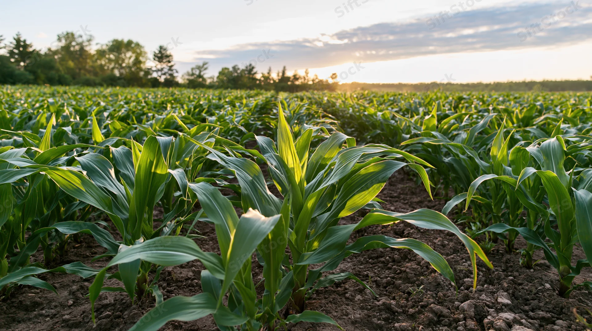 Young corn plants growing in rows across a field at sunrise