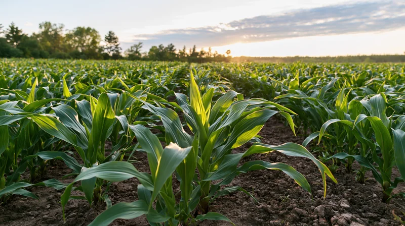Young corn plants growing in rows across a field at sunrise