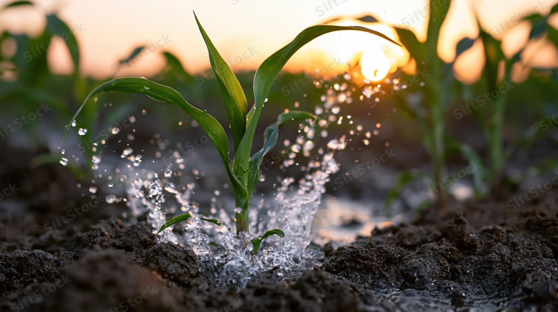 Young corn seedling being watered in a farm field at sunset