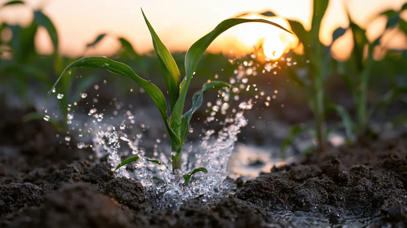 Young corn seedling being watered in a farm field at sunset