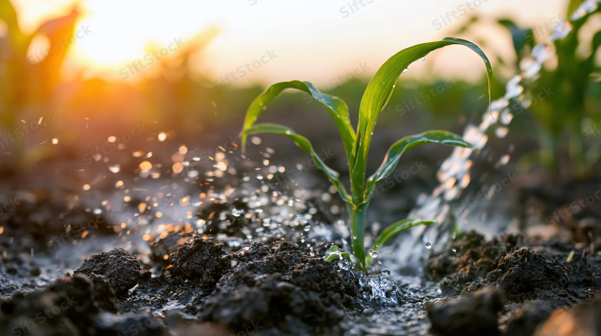 Young corn seedling being watered in a farm field at sunrise