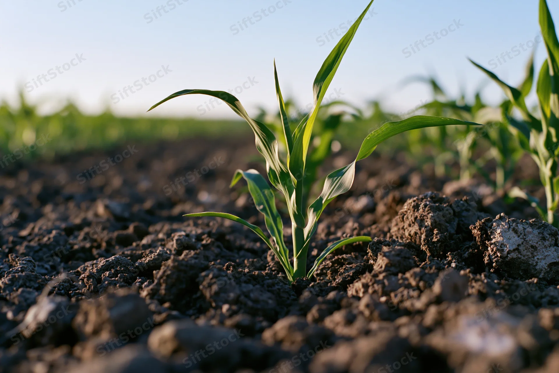 Young corn seedling emerging from dark crumbled soil in a cultivated field