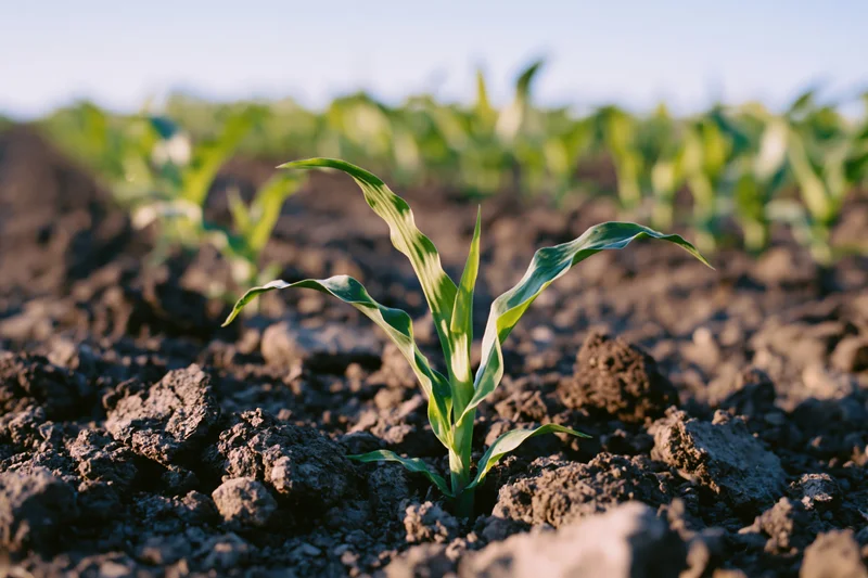 Young corn seedling emerging from dark crumbled soil in a cultivated field
