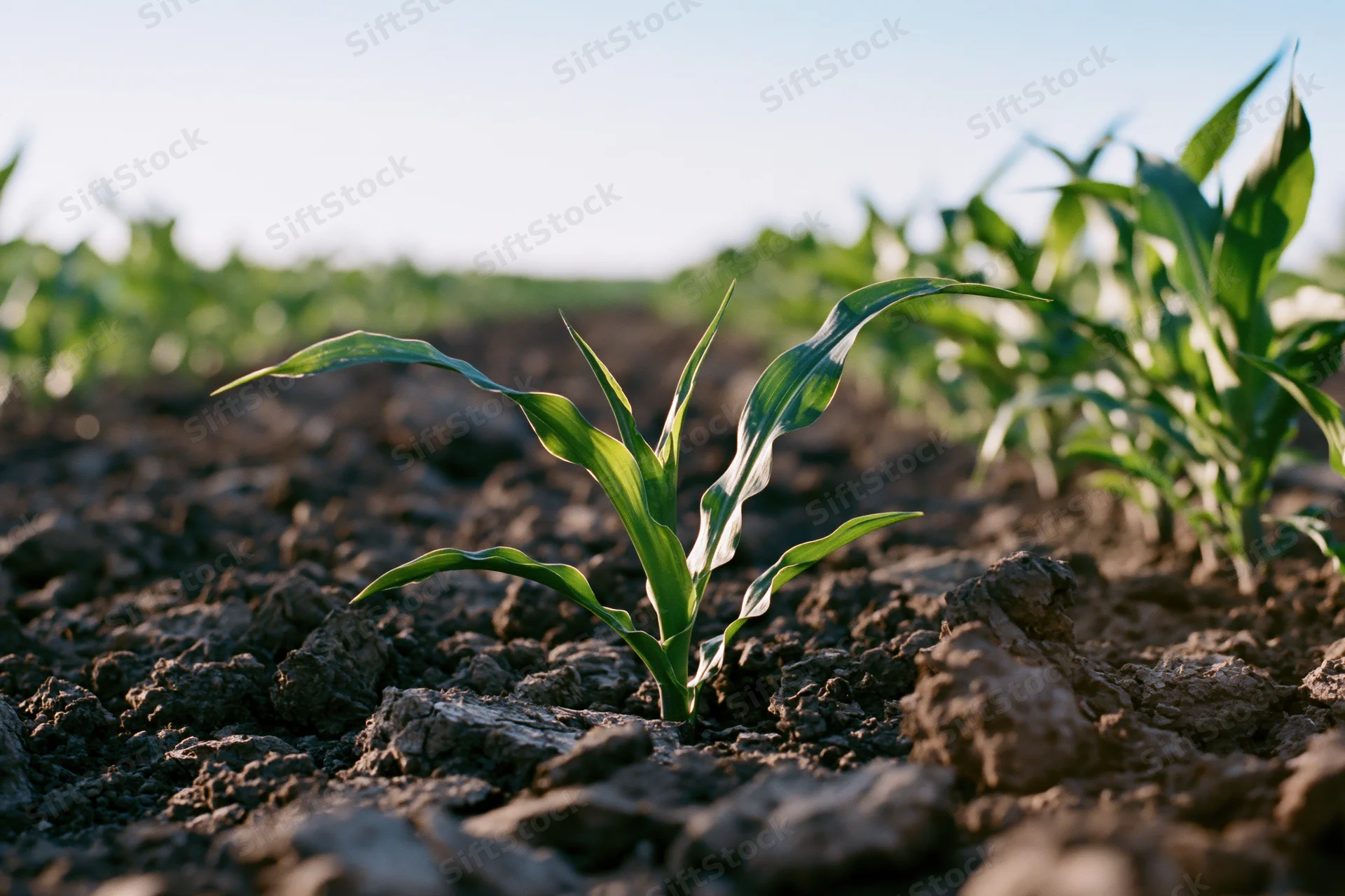 Young corn seedling emerging from dark crumbled soil in a cultivated field