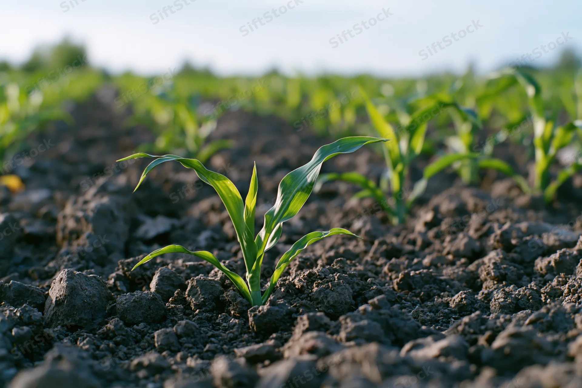 Young corn seedling emerging from dark crumbled soil in a cultivated field