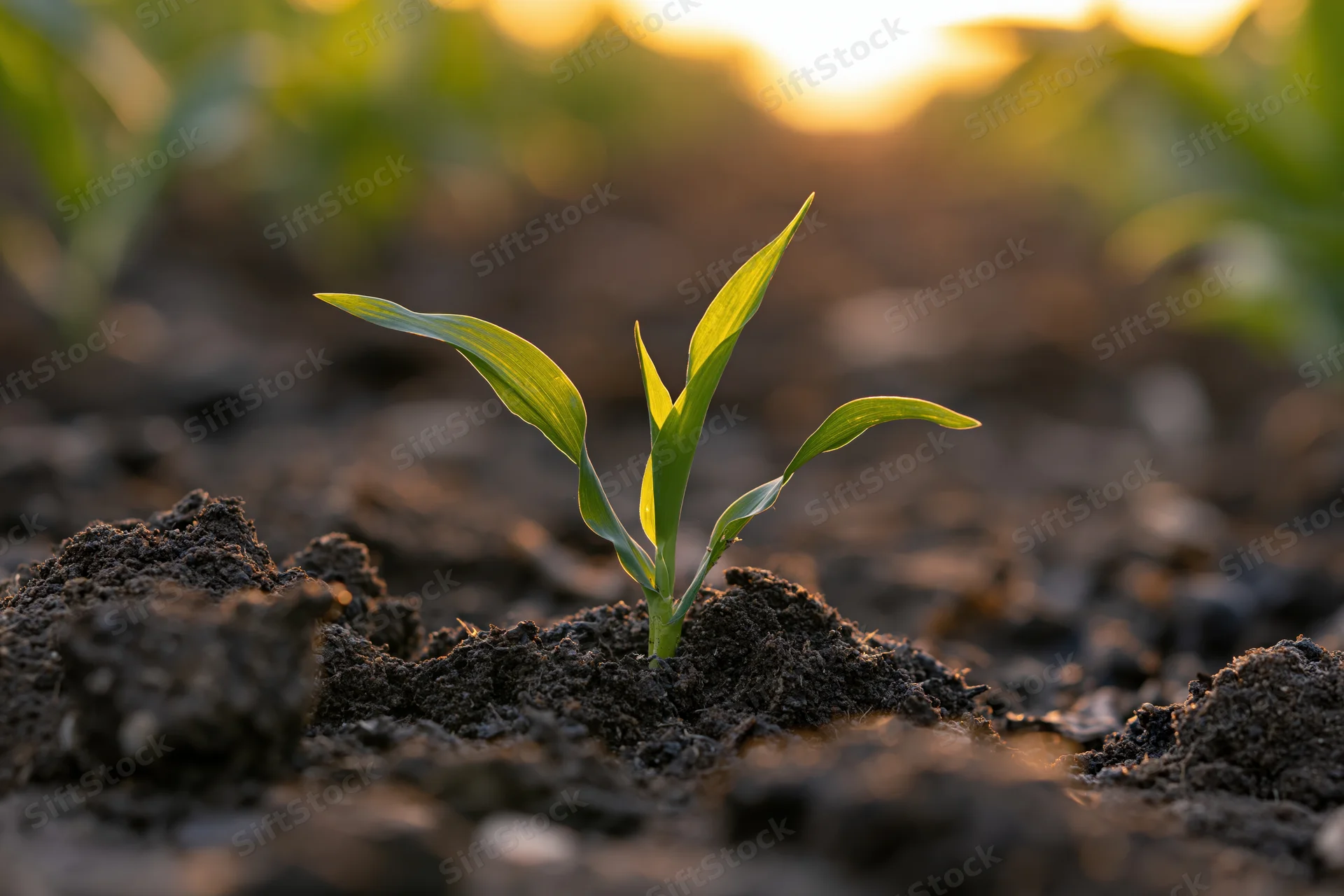 Young corn seedling sprouting from dark soil in a field at sunrise