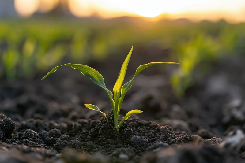 Young corn seedling emerging from dark soil in a field at sunrise