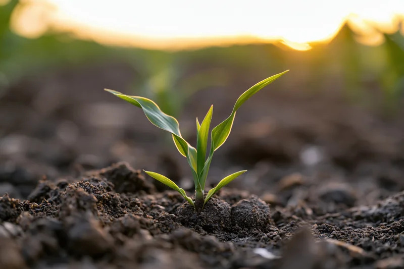 Young corn seedling sprouting from dark moist soil in an open field at sunrise