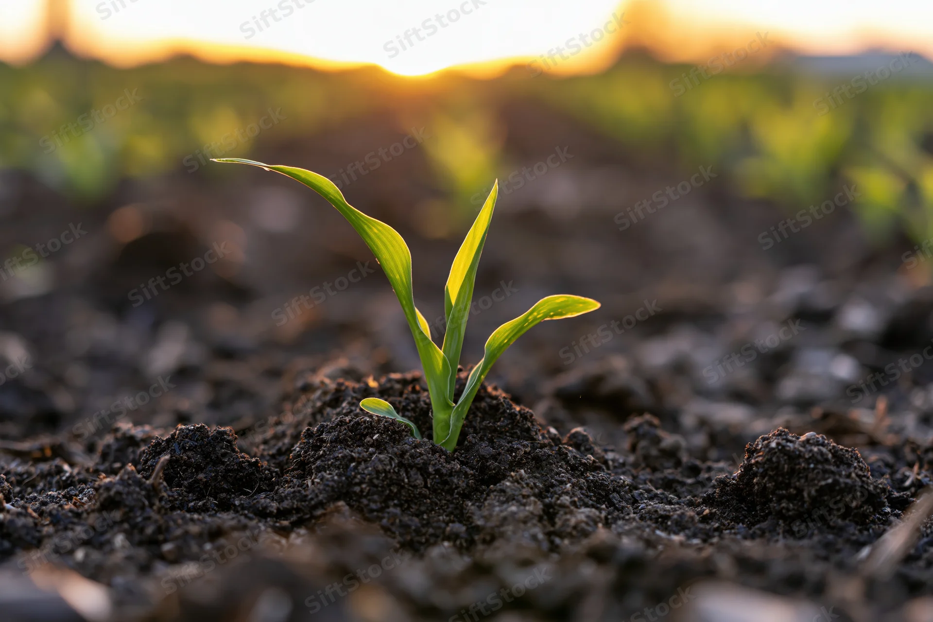 Young corn seedling sprouting from dark soil in a field at sunrise