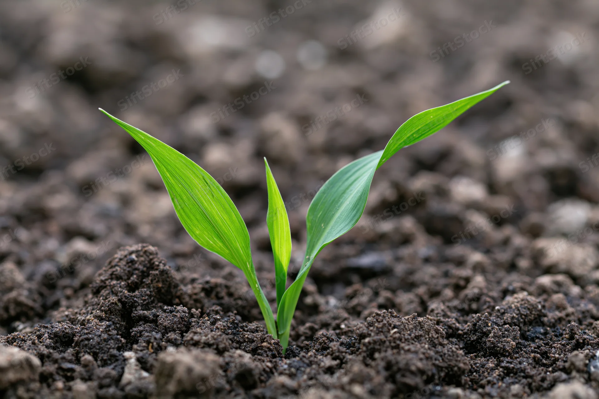 Young corn seedling emerging from dark soil with two bright green leaves