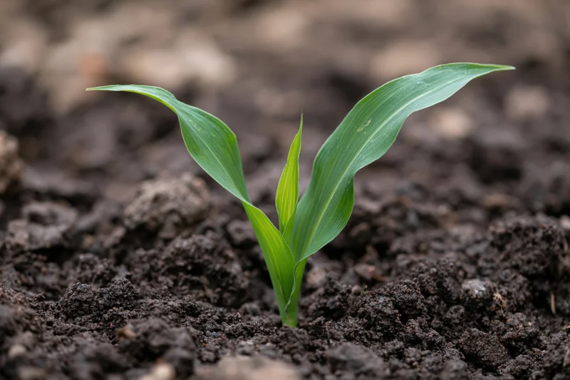 Young corn seedling emerging from dark soil in a cultivated field