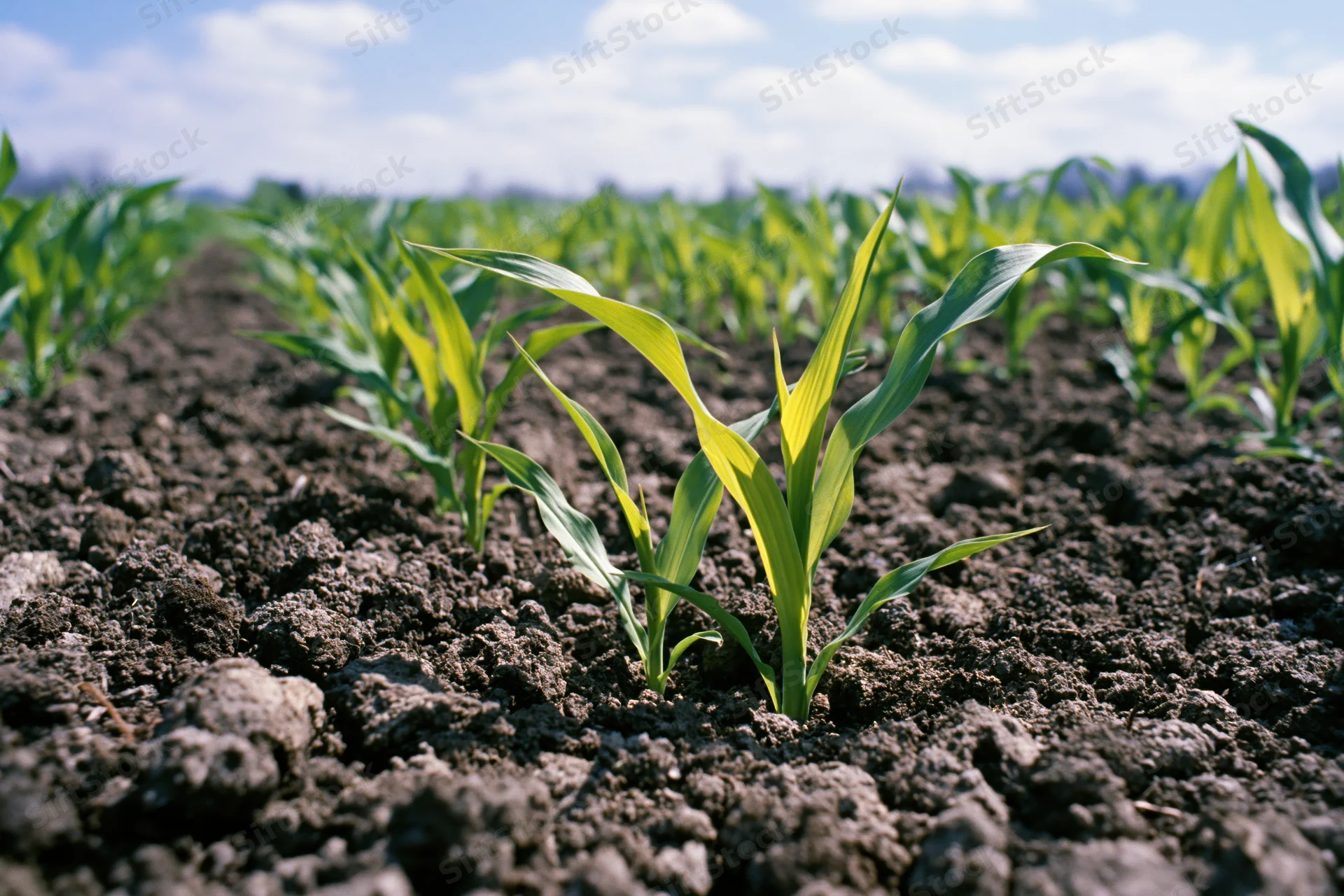 Young corn seedlings emerging from dark soil in a field under a partly cloudy sky