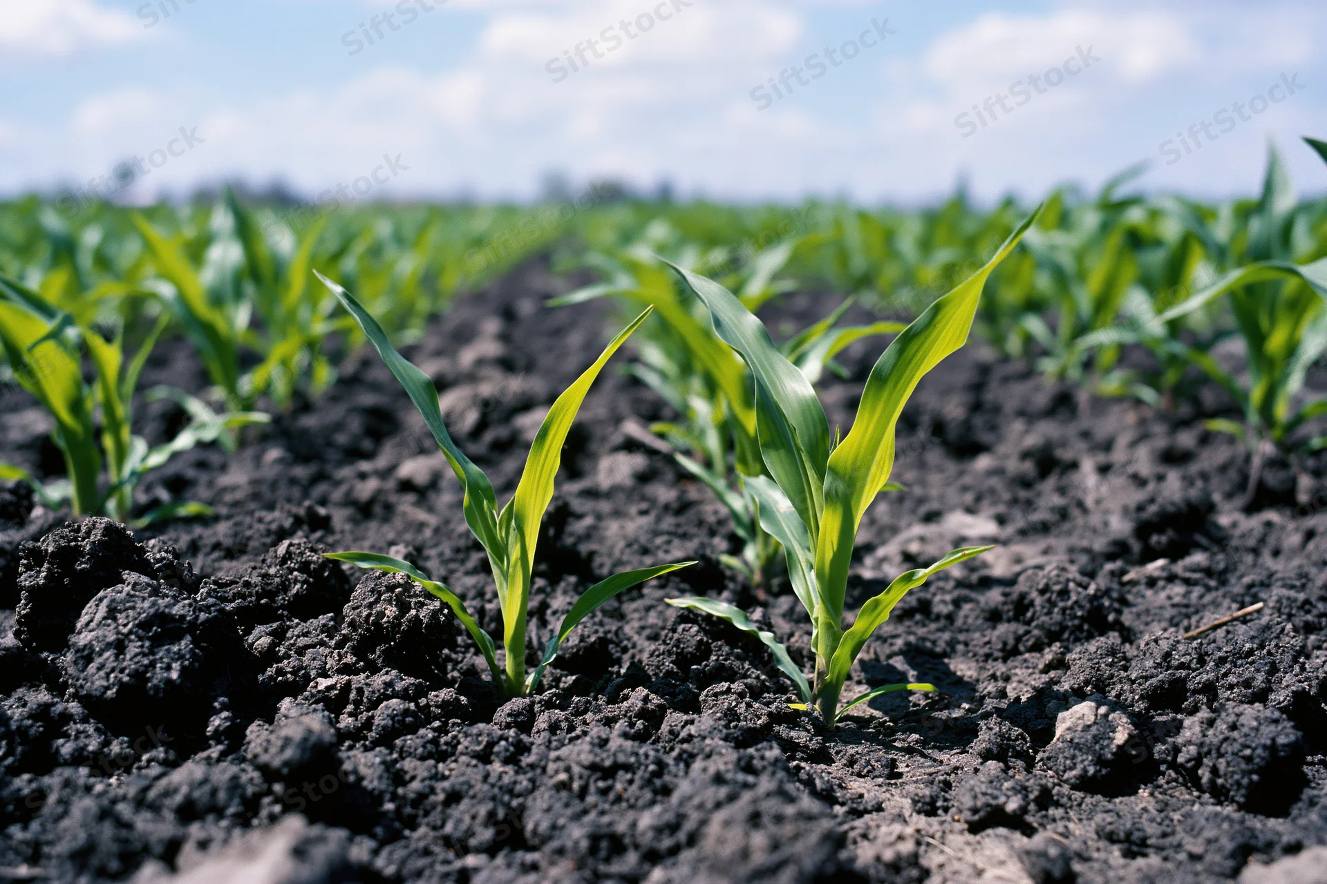 Young corn seedlings emerging from dark clumped soil in a field under a partly cloudy sky