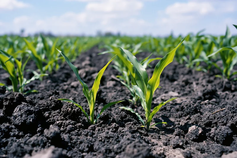 Young corn seedlings emerging from dark clumped soil in a field under a partly cloudy sky