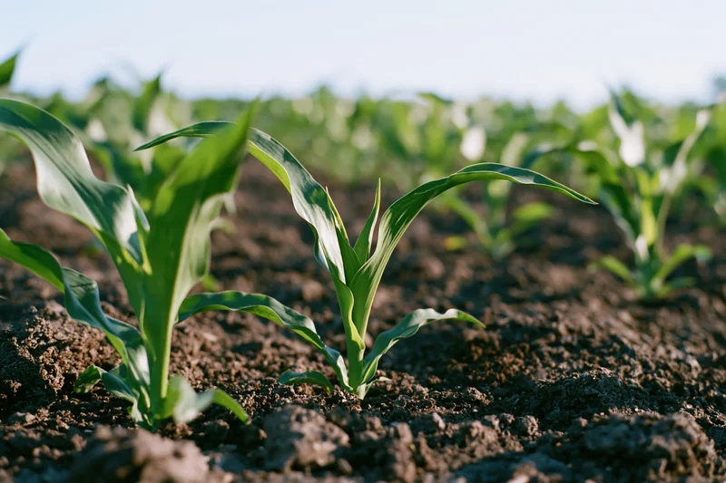 Young corn seedlings emerging from dark tilled soil in a field