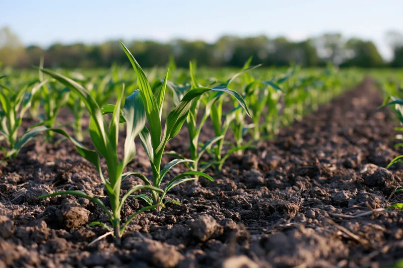 Young corn seedlings growing in rows across a tilled field