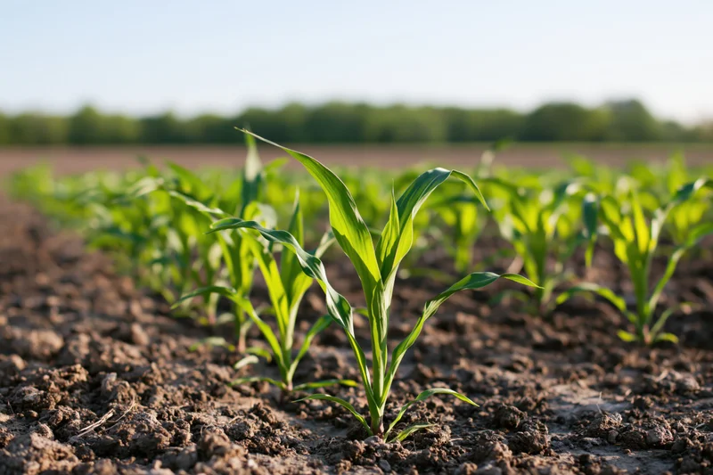 Young corn seedlings growing in rows across a tilled farm field