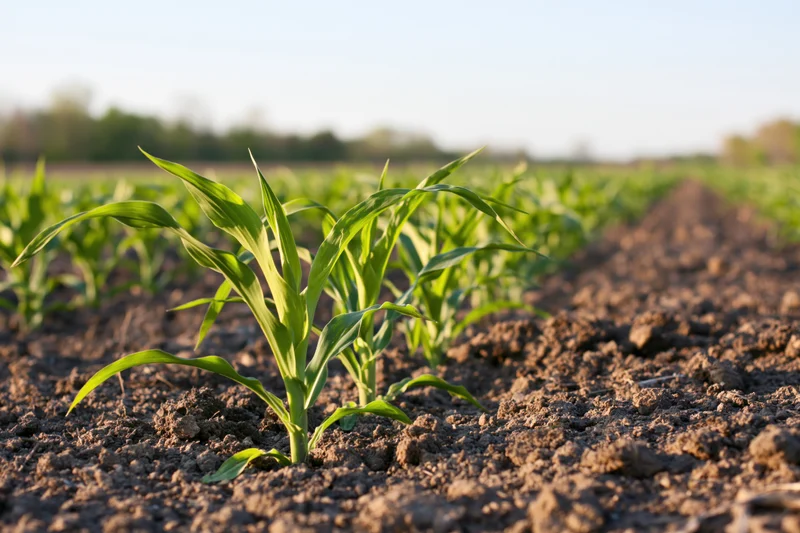 Young corn seedlings growing in rows across a tilled field