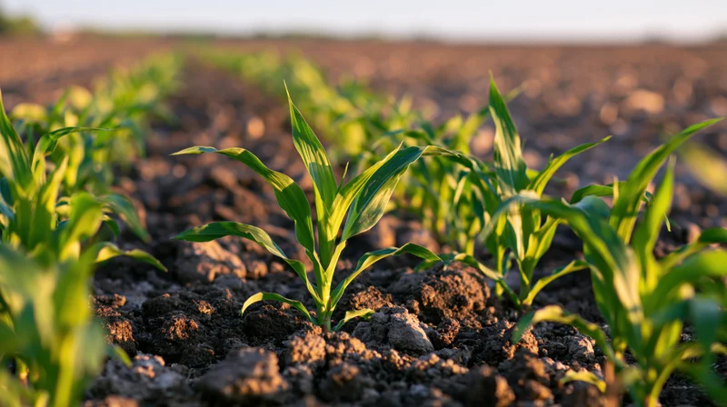Young corn seedlings growing in rows across a tilled agricultural field in spring morning light