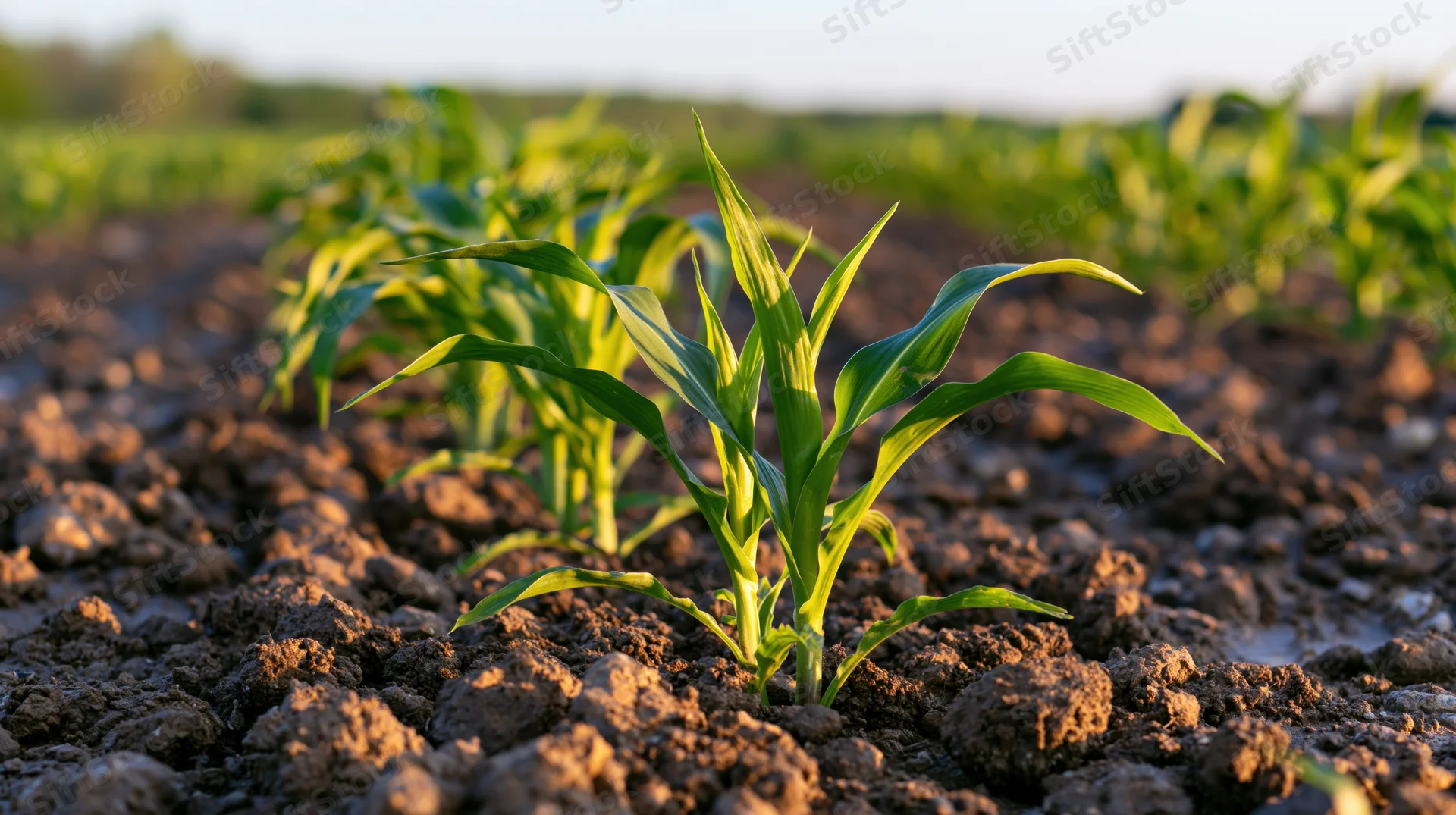 Young corn seedlings growing in rows across a tilled field at sunrise