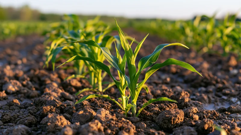 Young corn seedlings growing in rows across a tilled field at sunrise
