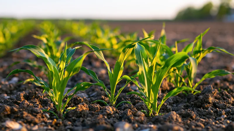 Young corn seedlings growing in rows across a tilled field at sunrise