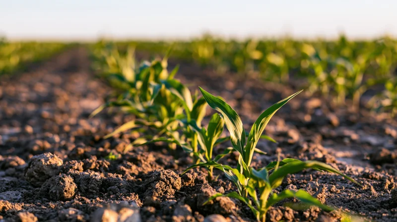 Young corn seedlings growing in rows across a tilled agricultural field