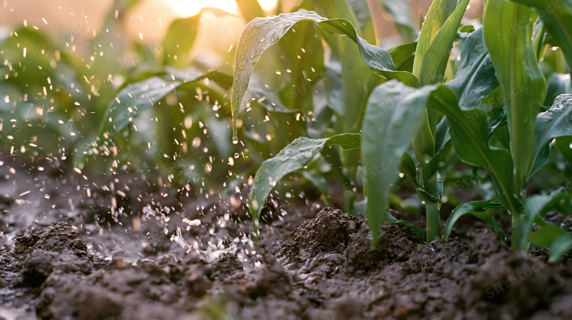 Young corn seedlings growing in soil with rain falling and water splashing around them