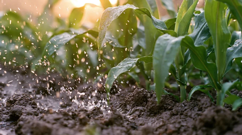 Young corn seedlings growing in soil with rain falling and water splashing around them
