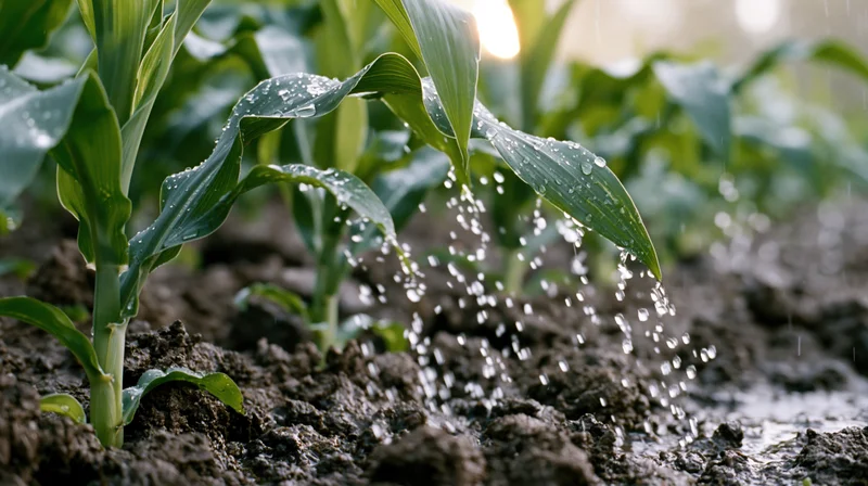 Young corn seedlings growing in soil with raindrops falling on their leaves