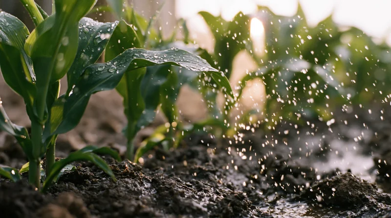 Young corn seedlings growing in soil with rain falling on their leaves