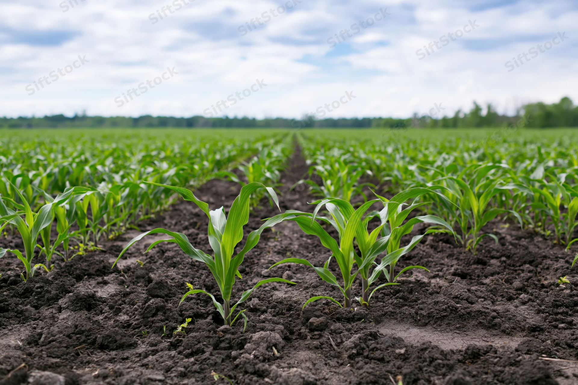 Young corn seedlings growing in parallel rows across a cultivated field under a cloudy sky