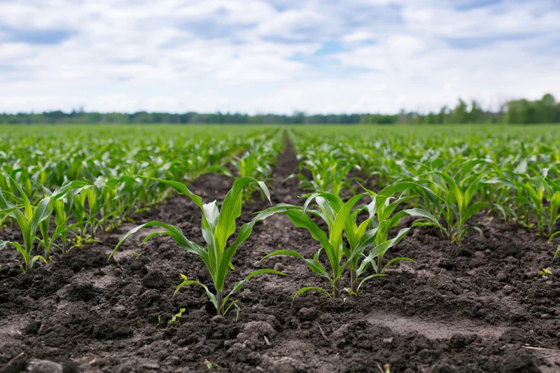 Young corn seedlings growing in parallel rows across a cultivated field under a cloudy sky