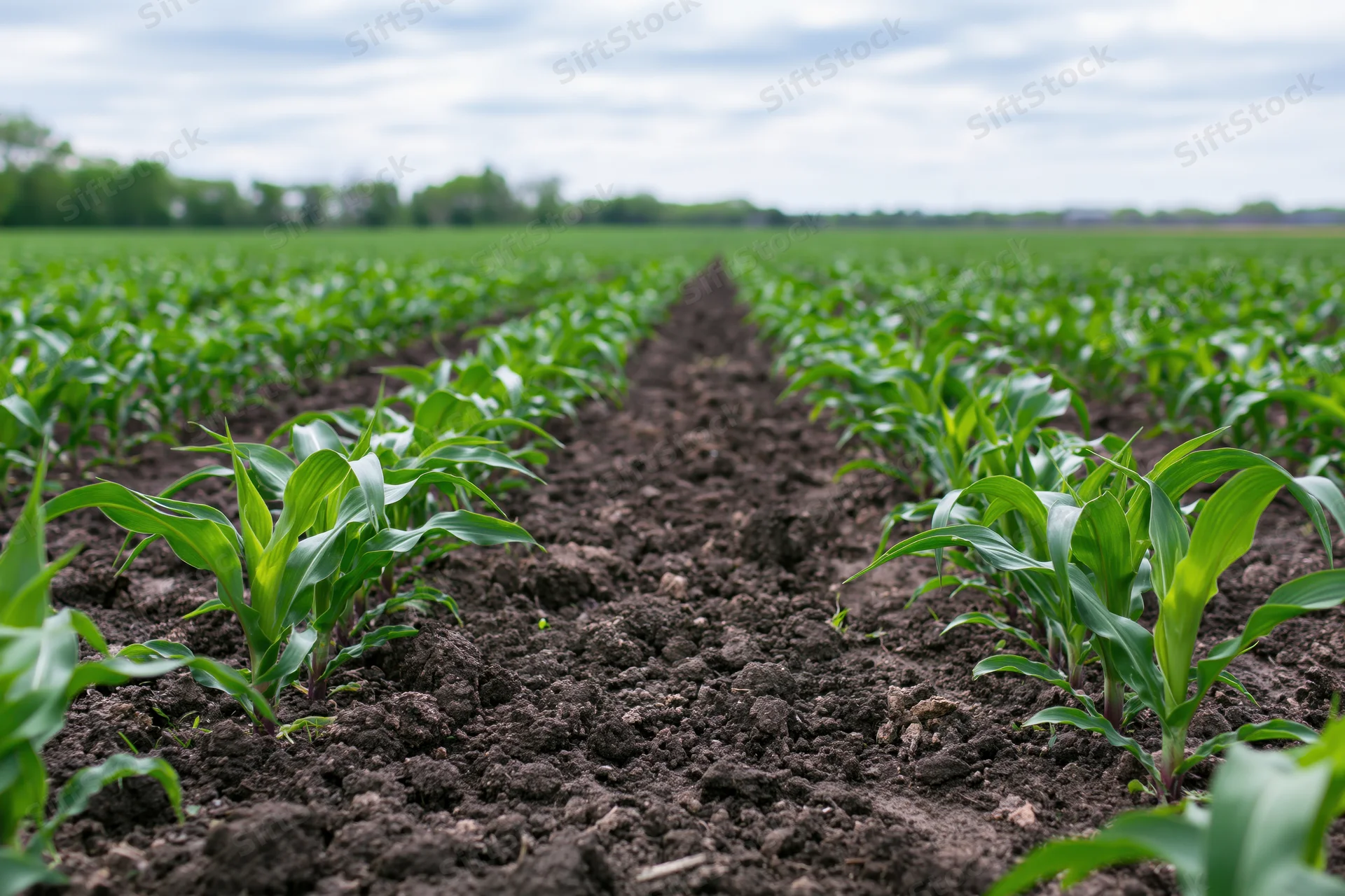 Young corn seedlings growing in parallel rows across a cultivated field under an overcast sky