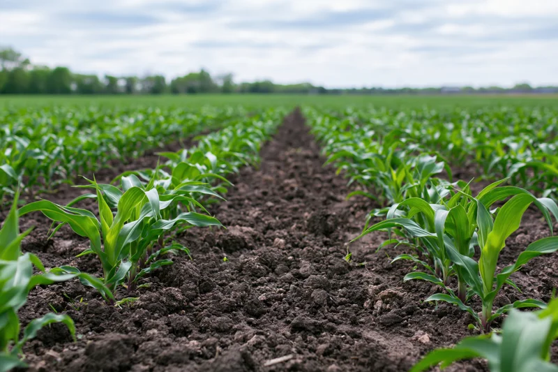 Young corn seedlings in parallel rows stretching to the horizon
