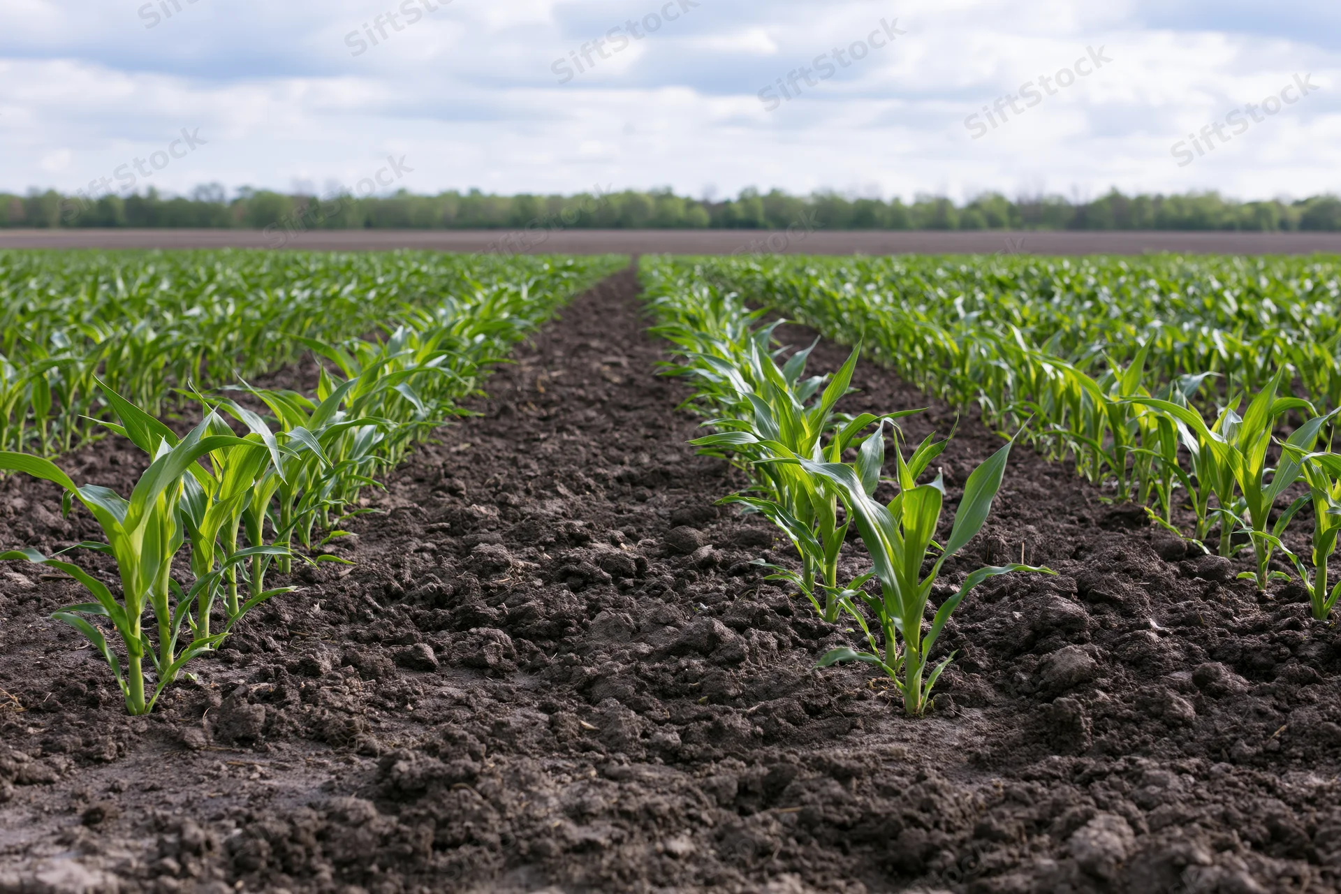 Young corn seedlings growing in parallel rows across a plowed field under an overcast sky