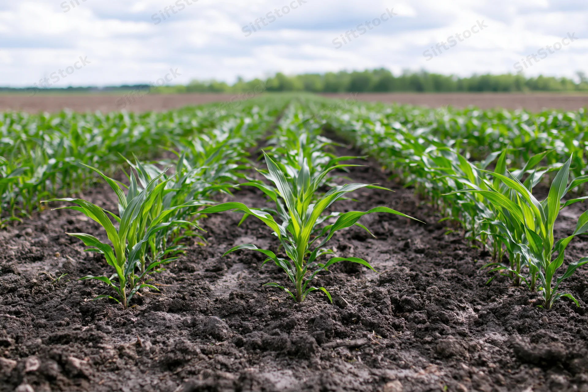 Young corn seedlings growing in parallel rows across a cultivated field